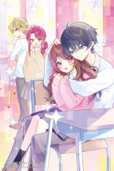  2boys 2girls black_hair black_socks blonde_hair blue_eyes brown_eyes brown_hair brown_shoes brown_sweater chair chano_hinano closed_mouth collared_shirt commentary_request copyright_request desk dress_shirt grey_pants grey_skirt hair_between_eyes highres hug indoors loafers long_hair long_sleeves multiple_boys multiple_girls official_art on_chair open_mouth pants pink_sweater pleated_skirt puffy_long_sleeves puffy_sleeves purple_eyes red_eyes red_hair school_chair school_desk school_uniform shirt shoes side_ponytail sitting sitting_on_lap sitting_on_person skirt sleeves_past_wrists smile socks sparkle standing sweater white_shirt window 