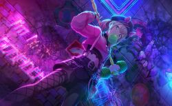  1girl animal_ear_headwear animal_ears awakening_beat_(project_sekai) azusawa_kohane belt beret black_belt black_choker black_hat black_shorts blonde_hair blowing_bubbles brown_eyes chewing_gum choker colorful_palette crop_top fake_animal_ears fishnet_thighhighs fishnets game_cg glowing graffiti hammer hat highres holding holding_hammer medium_hair mouse_ears neon_lights official_art pink_shirt project_sekai shirt shorts single_thighhigh solo spiked_choker spikes thighhighs third-party_source 