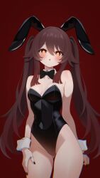  1girl absurdres alternate_costume animal_ears bare_shoulders black_bow black_bowtie black_leotard black_nails blush bow bowtie breasts breasts_apart brown_hair collar commentary_request covered_navel cowboy_shot detached_collar fake_animal_ears fingernails flower-shaped_pupils fuminshou_(nekopan_art) genshin_impact gluteal_fold hair_between_eyes hand_on_own_thigh highleg highleg_leotard highres hu_tao_(genshin_impact) jewelry leotard long_hair looking_at_viewer medium_breasts multicolored_hair nail_polish parted_lips playboy_bunny rabbit_ears red_background red_eyes red_hair ring sidelocks simple_background solo strapless strapless_leotard symbol-shaped_pupils traditional_bowtie triangle_mouth twintails very_long_hair white_collar white_wrist_cuffs wrist_cuffs 