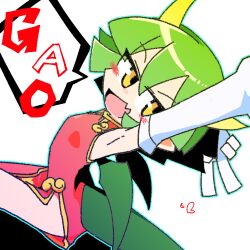  :d armpits bare_legs blush_stickers draco_centauros dragon_girl dress elbow_gloves fang gloves gold_trim green_hair heart horns kan_(kam48360493) madou_monogatari open_mouth puyopuyo red_dress skin_fang smile speech_bubble tail v yellow_eyes  rating:General score:5 user:BostonsTrain