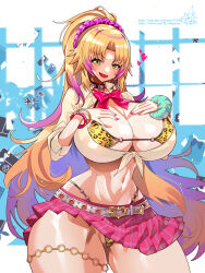  1girl :d amesuku_gyaru animal_print bag bangle barbariana_(last_origin) belt bikini black_choker blonde_hair blush bow bowtie bracelet breast_suppress breasts buckle cameltoe cat_print cellphone choker cleavage collarbone collared_shirt curvy fang floating_paper gem gluteal_fold gold_thighlet gradient_hair green_eyes green_gemstone green_scrunchie groin gyaru hair_ornament hair_scrunchie handbag heart heart-shaped_buckle heart_belt_buckle highleg highleg_bikini highres huge_breasts indoors jewelry kogal last_origin leopard_print leopard_print_bikini light_particles linea_alba long_hair long_sleeves looking_at_viewer micro_bikini microskirt midriff multicolored_hair nail_polish navel navel_piercing o-ring o-ring_bikini o-ring_bikini_bottom o-ring_choker o-ring_thigh_strap o-ring_top official_alternate_costume open_mouth paizuri_invitation paper parted_bangs partially_visible_vulva phone piercing pink_bow pink_bowtie pink_hair pink_nails pink_skirt pixiv_id plaid_clothes plaid_skirt pleated_skirt ponytail purple_scrunchie rabbit_print revealing_clothes school_uniform scrunchie shiny_skin shirt signature skirt smile solo standing stomach streaked_hair sweater swimsuit teeth thick_thighs thigh_strap thighs thong thong_bikini tied_shirt tongue twitter_username umigarasu_(kitsune1963) underboob very_long_hair white_belt white_shirt wide_hips wrist_scrunchie 