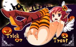 1girl animal_ears anus boots cleft_of_venus cofepig earrings female_focus halloween hat highres jack-o&#039;-lantern jewelry lying mystia_lorelei nipples nude on_back pink_eyes pink_hair pumpkin pussy solo striped_clothes striped_thighhighs thighhighs touhou trick_or_treat uncensored wings rating:Explicit score:30 user:danbooru