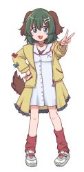  1girl :3 animal_ears aqua_eyes bone_hair_ornament bracelet brown_fur collar cosplay dog_ears dog_tail dress full_body green_hair hair_ornament hand_on_own_hip hololive inugami_korone inugami_korone_(1st_costume) inugami_korone_(cosplay) jacket jewelry kasodani_kyouko looking_at_viewer loose_socks off_shoulder open_clothes open_jacket open_mouth red_collar red_socks shoes short_hair simple_background sleeveless sleeveless_dress sneakers socks solo tail touhou v virtual_youtuber white_background white_dress wool_(miwol) yellow_jacket 