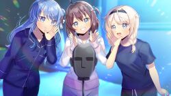 3girls :d ahoge binaural_microphone black_hairband black_pajamas black_pants black_shirt blonde_hair blue_eyes blue_hair blurry blurry_background braid brown_hair closed_mouth collared_shirt commentary_request commission covered_groin depth_of_field dress_shirt grin hair_between_eyes hair_intakes hair_over_shoulder hairband head_tilt hololive hood hood_down hooded_jacket hoshimachi_suisei indoors jacket kazama_iroha kou_hiyoyo long_hair long_sleeves low_twintails microphone multiple_girls natsuiro_matsuri neumann_ku_100 open_mouth pajamas pants puffy_long_sleeves puffy_sleeves shirt short_sleeves skeb_commission smile striped_clothes striped_jacket twin_braids twintails two_side_up virtual_youtuber