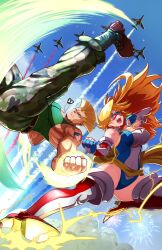  1boy 1girl aerial_fireworks ahoge aircraft airplane american_flag american_flag_print american_flag_tattoo blonde_hair blue_eyes boots breasts cleavage clothing_cutout cloud crossover dog_tags domino_mask drop_kick earrings elbow_gloves eye_mask fighter_jet fingerless_gloves fireworks flag_print flattop flying flying_kick fujioka_yatsufusa gloves gold_bow green_tank_top guile high_kick jewelry kamen_america kamen_america_(comic) kicking large_breasts leotard long_hair looking_at_viewer mask midair military_vehicle muscular muscular_male open_mouth outdoors patriotism short_hair sky smile star_(symbol) star_cutout star_earrings street_fighter striped_clothes striped_footwear superhero_costume tank_top tattoo vertical-striped_footwear 
