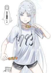  1girl black_shorts blue_archive breasts clothes_writing eating food grey_eyes hair_ornament halo highres holding long_hair nagusa_(blue_archive) numbered shirt shish_kebab shorts simple_background small_breasts snowflake_hair_ornament solo standing t-shirt very_long_hair watermark white_background white_hair white_halo white_shirt zombie_mogura 