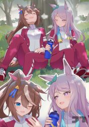  2girls absurdres animal_ears blue_eyes blush bottle bow brown_hair closed_eyes commentary full_body geass green_bow highres holding holding_bottle horse_ears horse_girl horse_tail jacket jtleeklm mejiro_mcqueen_(umamusume) multicolored_hair multiple_girls one_eye_closed outline pants purple_eyes purple_hair red_shoes red_track_suit shoes sitting streaked_hair symbol-only_commentary tail tokai_teio_(umamusume) towel towel_around_neck tracen_training_uniform track_jacket track_pants track_suit tree umamusume upper_body water_bottle watermark white_hair 