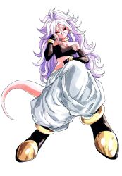  1girl absurdres android_21 bare_shoulders black_sclera black_tube_top breasts cleavage colored_sclera colored_skin crossed_legs dragon_ball dragon_ball_fighterz earrings hand_on_own_face harem_pants highres hoop_earrings invisible_chair jewelry long_hair majin_android_21 midriff navel pants pink_skin pink_tail pointy_ears purple_hair red_eyes silverwoodwork simple_background sitting solo strapless tube_top white_background 