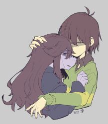  1girl 1other antenna_hair brown_hair closed_eyes colored_skin comforting cropped_torso crying crying_with_eyes_open deltarune furry furry_female green_sweater grey_background hand_on_another&#039;s_head highres komugiko_(bitte_komu) kris_(deltarune) long_hair open_mouth purple_eyes purple_skin short_hair simple_background susie_(deltarune) sweater tears upper_body 