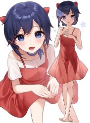  1girl :o bare_arms barefoot blue_choker blue_eyes blue_hair blush bow bow_choker choker commentary crossed_ankles dress from_above full_body hair_between_eyes hair_bow highres knees_up looking_at_viewer looking_up miside mita_(miside) mokaren multiple_views open_mouth red_bow red_dress shirt short_hair short_sleeves simple_background sitting sleeveless sleeveless_dress smile standing tiny_mita_(miside) toes white_background white_shirt  rating:General score:26 user:danbooru