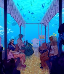  3boys 3girls air_bubble bare_arms bare_legs black_hair blonde_hair blue_hair blue_skin book breast_pocket breasts bubble bus bus_interior camisole caustics character_request cleavage closed_mouth colored_skin crop_top cropped_jacket day eyewear_on_head fish fisheye glasses green_hair hair_ornament hair_slicked_back half-closed_eyes high_heels highres indoors jacket jellyfish long_hair long_skirt long_sleeves looking_at_another looking_at_viewer manta_ray medium_hair merman midriff mohawk monster_boy monster_girl motor_vehicle multiple_boys multiple_girls nico_robin nico_robin_(return_to_sabaody) ocean one_piece open_book open_mouth partially_unzipped pocket purple_skin reading rizec sandals sarong scales scenery sharp_teeth shirt shoes short-sleeved_jacket short_hair short_sleeves sidelocks silhouette sitting skirt sleeveless sleeveless_shirt smile snot stomach submerged sunglasses teeth underwater water watercraft zipper 
