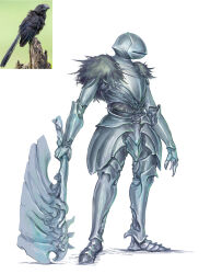  1boy absurdres armor bird breastplate commentary creature_and_personification crow english_commentary faulds full_armor full_body fur-trimmed_armor fur_trim gauntlets greaves helmet highres male_focus original personification photo_inset simple_background solo standing tu_tka weapon white_background 