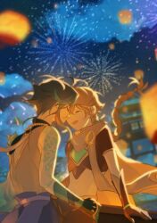  2boys aether_(genshin_impact) ahoge aqua_gloves aqua_hair architecture arm_tattoo armor back_cutout belt black_hair blonde_hair blue_sky blurry blurry_background brown_gloves brown_pants brown_shirt closed_eyes closed_mouth clothing_cutout cloud cloudy_sky cowboy_shot detached_sleeves earrings east_asian_architecture fireworks flanpu floating_hair gauntlets genshin_impact gloves gold_trim hair_between_eyes hair_ribbon highres jewelry lantern long_hair long_sleeves low-braided_long_hair low-tied_long_hair midriff multicolored_hair multiple_boys navel necklace night open_mouth outdoors pants paper_lantern pearl_necklace purple_belt ribbon scarf shirt short_hair short_sleeves shoulder_armor shoulder_spikes single_bare_shoulder single_detached_sleeve single_earring sky sleeveless sleeveless_shirt smile spikes standing summer_festival tattoo two-tone_hair white_ribbon white_scarf white_shirt wide_sleeves xiao_(genshin_impact) yaoi 