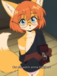  1girl absurdres animal_ears berserk black_shirt blue_eyes body_fur collarbone commentary cowboy_shot english_commentary english_text fox_ears fox_girl fox_tail furry furry_female glasses highres holding indoors lilkon orange_hair original panties pink_panties rimless_eyewear round_eyewear shirt single_bare_shoulder solo subtitled tail thigh_gap underwear videocassette yellow_fur 