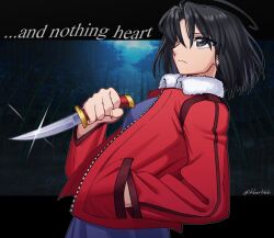  black_eyes black_hair english_text expressionless hair_between_eyes hand_in_pocket highres holding holding_knife jacket kborb knife melty_blood red_jacket ryougi_shiki tsukihime 