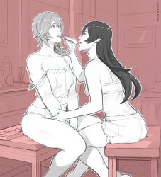  2girls amber_(genshin_impact) applying_makeup ass blush bra camisole cosmetics eula_(genshin_impact) futomomomoe genshin_impact highres lipstick lipstick_tube long_hair looking_at_another makeup monochrome multiple_girls panties parted_lips short_shorts shorts sitting strap_slip underwear yuri  rating:Sensitive score:55 user:danbooru