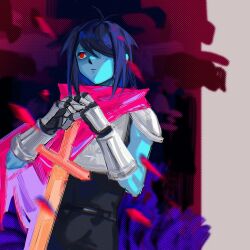  1other abstract_background androgynous armor blue_hair blue_skin breastplate cape colored_skin deltarune expressionless greaves hair_over_one_eye hand_on_hilt highres kris_(dark_world)_(deltarune) kris_(deltarune) looking_to_the_side moyi7239 one_eye_covered other_focus pauldrons pink_cape red_eyes short_hair shoulder_armor solo swept_bangs sword weapon 