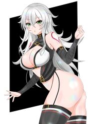  1girl aged_up alternate_breast_size alternate_hair_length alternate_hairstyle arm_at_side arm_belt bandaged_arm bandages bare_shoulders belt black_background black_garter_straps black_panties black_shirt black_thighhighs boots breasts cleavage cleavage_cutout clothing_cutout commentary_request cowboy_shot double-parted_bangs facial_scar fate/apocrypha fate_(series) from_side garter_straps green_eyes grey_hair hair_between_eyes hand_up highleg highleg_panties jack_the_ripper_(fate/apocrypha) large_breasts long_bangs long_hair looking_at_viewer maria_the_ripper messy_hair multiple_belts panties parted_lips partial_commentary revealing_clothes sakura_kyuma scar scar_across_eye scar_on_cheek scar_on_face shiny_skin shirt shoulder_tattoo simple_background sleeveless sleeveless_shirt solo stomach tattoo thick_thighs thigh_belt thigh_boots thigh_strap thighhigh_belt thighhighs thighs turning_head two-tone_background two-tone_shirt underwear very_long_hair white_background white_shirt 