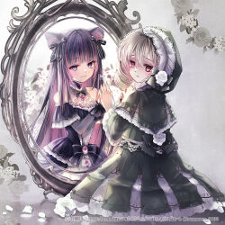  2girls album_cover animal_ears back_bow bare_shoulders black_bow black_capelet black_dress black_hood blonde_hair bow capelet cat_ears cat_girl colored_inner_hair commentary_request cover different_reflection dress drill_hair flower frilled_capelet frilled_dress frilled_sleeves frills full_body gothic_lolita hair_bow hand_on_mirror hane_segawa highres lolita_fashion long_hair looking_at_viewer mirror multicolored_hair multiple_girls off-shoulder_dress off_shoulder official_art original parted_lips pink_hair purple_eyes purple_hair red_eyes reflection short_hair sitting smile twitter_username very_long_hair white_flower 