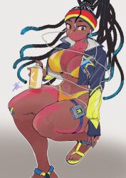  1girl bandaid bandaid_on_face bandaid_on_knee bandaid_on_leg bikini breasts cleavage cropped_jacket dreadlocks earbuds earphones fingerless_gloves gloves headband highleg highleg_bikini hiroshi_mono jacket kimberly_jackson large_breasts multicolored_headband official_alternate_costume official_alternate_hairstyle solo spray_can sticker_on_face sticker_on_neck street_fighter street_fighter_6 swimsuit thigh_strap walkman yellow_bikini 