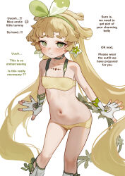 1girl bare_shoulders blonde_hair blush bow bow_hairband bra cameltoe crying_emoji dot_nose embarrassed emoji english_text flat_chest flower gloves green_bow green_eyes hair_flower hair_ornament hairband highres kani_fish legs_apart loli long_hair looking_at_viewer midriff navel paid_reward_available panties partially_fingerless_gloves simple_background standing twintails underwear verina_(wuthering_waves) very_long_hair white_background white_gloves wuthering_waves yellow_bra yellow_panties rating:Questionable score:269 user:danbooru