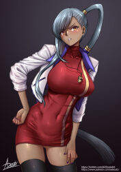  1girl adsouto breasts code_geass contrapposto cropped_jacket dark-skinned_female dark_skin dress grey_hair hand_on_own_hip hand_on_own_thigh highres jacket large_breasts long_hair orange_eyes parted_lips red_dress side_ponytail signature solo thighhighs variant_set very_long_hair villetta_nu whistle whistle_around_neck white_jacket 