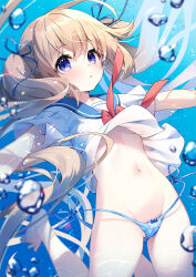  1girl air_bubble bare_legs barefoot blonde_hair blue_eyes blue_panties blue_ribbon blue_sailor_collar blurry bow bow_panties breasts bubble caustics clothes_lift commentary_request feet_up floating_clothes floating_hair hair_ribbon light_blush linea_alba long_hair looking_at_viewer loose_panties lying navel neckerchief no_pants on_stomach original panties parted_lips partially_visible_vulva red_neckerchief ribbon sailor_collar sailor_shirt school_uniform shirt shirt_lift short_sleeves side-tie_panties sidelocks small_breasts solo string_panties suimya toes twintails underboob underwater underwear very_long_hair white_shirt 