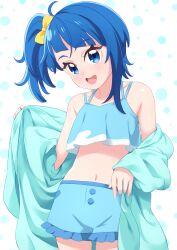  1girl bikini bikini_shorts blue_bikini blue_eyes blue_hair blue_shirt bow cowboy_shot cut_bangs hair_bow highres hirogaru_sky!_precure looking_at_viewer medium_hair mini_koala navel off_shoulder open_mouth precure shirt shorts side_ponytail single_sidelock smile solo sora_harewataru standing swimsuit undressing yellow_bow 