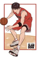1boy air_jordan ball basketball_(object) basketball_jersey basketball_uniform black_eyes black_hair closed_mouth copyright_name hair_between_eyes holding holding_ball looking_away male_focus red_shirt red_shorts rukawa_kaede sappali2 shirt shoes short_hair shorts slam_dunk_(series) sleeveless sleeveless_shirt sneakers socks solo sportswear white_shoes white_socks rating:General score:1 user:danbooru