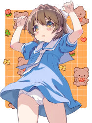  1girl akayama_yukihe bair brown_hair clannad claw_pose flat_chest highres jitome kindergarten_uniform loli miniskirt okazaki_ushio open_mouth panties ribbon short_hair skirt stuffed_toy thighs underwear 