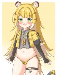  1girl :3 absurdres animal_ear_fluff animal_ears animal_print black_shirt blonde_hair blush brown_jacket green_eyes highres jacket ju_fufu loli long_hair no_pants open_mouth panties shinonome_meguri shirt side-tie_panties smile solo tail thigh_strap thighs tiger_ears tiger_girl tiger_print tiger_print_panties tiger_tail underwear yellow_panties zenless_zone_zero 
