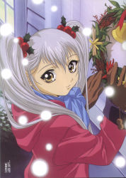  1990s_(style) 1girl bell brown_gloves bush christmas christmas_wreath closed_mouth coat female_focus from_side gloves grey_hair hair_ornament highres holly_hair_ornament hood hood_down hooded_coat hoshino_ruri kidou_senkan_nadesico lavender_scarf long_hair long_sleeves looking_at_viewer looking_to_the_side matsuda_tsuyoshi official_art outdoors pom_pom_(clothes) retro_artstyle scan scarf smile snowing solo standing third-party_source twintails upper_body winter winter_clothes winter_coat wreath yellow_eyes  rating:Sensitive score:4 user:danbooru