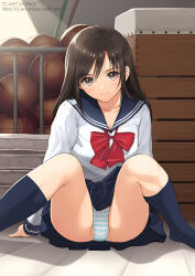  1girl basketball black_eyes black_hair blue_skirt blush bow bowtie closed_mouth clothes_lift collarbone gym_storeroom indoors kneehighs long_hair long_sleeves looking_at_viewer no_shoes original panties red_bow red_bowtie school_uniform serafuku sitting skirt skirt_lift smile socks solo spread_legs straight_hair striped_clothes striped_panties tony_taka underwear 