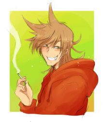  1boy animification brown_hair cigarette commentary_request cropped_torso eddsworld green_eyes grin highres holding holding_cigarette hood hood_down hoodie long_hair long_sleeves looking_at_viewer male_focus reon_(02779) sharp_teeth smile smoke smoking solo spiked_hair teeth tord_(eddsworld) 