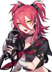  1girl bad_id bad_twitter_id bandaged_arm bandages bandaid black_choker black_gloves black_nails bra breasts choker cleavage collarbone fang fingerless_gloves gloves hair_between_eyes holding holding_microphone hololive hololive_china loalo long_bangs lower_teeth_only medium_hair microphone multicolored_hair multicolored_sailor_collar open_mouth purple_bra red_hair red_sailor_collar sailor_collar simple_background solo streaked_hair teeth tongue two-tone_hair two_side_up underwear virtual_youtuber white_background white_hair white_sailor_collar yellow_eyes yogiri_(hololive) 