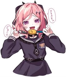  black_bow black_shirt blush bow candy food fudeshima_shigure hair_bow hair_ribbon heart highres lollipop long_sleeves looking_at_viewer multicolored_hair nogiro_(usa_ru) open_mouth pink_hair purple_eyes ribbon sailor_collar shirt shukusei!!_loli-kami_requiem smile solo speech_bubble streaked_hair striped_clothes striped_shirt upper_body world_dai_star 