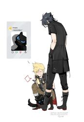  2boys ^_^ animal_print animalization aries20770321 bird black_boots black_cat black_gloves black_hair black_jacket black_pants black_vest blonde_hair blue_eyes boots cat cellphone chinese_commentary chinese_text closed_eyes colored_sclera colored_shoe_soles commentary_request copyright_name final_fantasy final_fantasy_xv fingerless_gloves freckles full_body gloves grin hands_in_pockets hands_up highres holding holding_phone jacket leopard_print light_blush looking_down looking_up male_focus multiple_boys noctis_lucis_caelum pants parakeet person_and_animalization phone prompto_argentum short_hair short_sleeves signature slit_pupils smartphone smile social_media_composition spiked_hair squatting studded_vest taking_picture translation_request vest white_background yellow_bird 