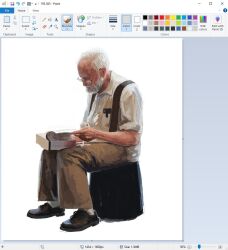 1boy art_program_in_frame beard black_shoes book breast_pocket brown_pants christianyounga closed_mouth collared_shirt commentary english_text facial_hair forehead full_body glasses holding holding_book male_focus microsoft_paint_(medium) microsoft_windows mustache old old_man open_book original pants pocket shirt shoes short_sleeves simple_background sitting socks solo suspenders white_background white_hair white_shirt white_socks 