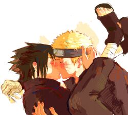  2boys bandaged_arm bandaged_leg bandages black_hair black_pants black_shirt blonde_hair blush closed_eyes collared_shirt commentary facial_mark forehead_protector from_side hashtag-only_commentary highres iri_iri kiss konohagakure_symbol legs_up male_focus multiple_boys naruto_(series) naruto_shippuuden pants profile sandals shirt short_hair uchiha_sasuke unfinished uzumaki_naruto whisker_markings white_background yaoi 