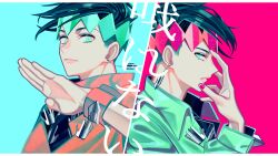  1boy black_hair closed_mouth collared_shirt diamond_wa_kudakenai earrings eyelashes green_eyes highres jewelry jojo_no_kimyou_na_bouken kai_(masugata_94) kishibe_rohan limited_palette male_focus multiple_views pen_nib shirt sideburns translation_request upper_body wristband 