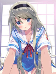  1girl :o akayama_yukihe backlighting black_hairband blue_eyes blue_skirt blush buttons clannad commentary double-breasted eyes_visible_through_hair frown grey_hair hair_between_eyes hair_over_shoulder hair_spread_out hairband high-waist_skirt highres hikarizaka_private_high_school_uniform indoors leaning_forward long_hair looking_at_viewer open_mouth panties panty_peek red_ribbon ribbon sailor_collar sakagami_tomoyo school_uniform serafuku shirt short_sleeves sitting skirt solo straight-on summer_uniform suspender_skirt suspenders underwear v-shaped_eyebrows very_long_hair white_panties white_sailor_collar white_shirt 