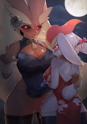 2girls :3 absurdres animal_nose arm_around_back assisted_exposure back backless_dress backless_outfit backlighting black_flower black_rose black_sclera black_thighhighs blush body_fur breasts breath bright_pupils brown_fur china_dress chinese_clothes cinderace cleavage cleavage_cutout clitoris closed_mouth clothes_lift clothing_cutout colored_sclera covered_navel cowboy_shot dress dress_lift female_focus floral_print flower flying_sweatdrops full_moon furry furry_female gen_4_pokemon gen_8_pokemon groin hair_flower hair_ornament hair_stick half-closed_eyes hand_up heart highres large_breasts lifting_another&#039;s_clothes long_ears looking_at_viewer looking_back lopunny mature_female mbct01 medium_breasts moon multicolored_hair multiple_girls night nintendo nose_blush outdoors pelvic_curtain pelvic_curtain_lift pokemon pokemon_(creature) profile pussy rabbit_ears rabbit_girl red_dress red_eyes red_hair rose short_dress short_hair skindentation sleeveless sleeveless_dress snout standing sweat tail tail_through_clothes tassel thick_thighs thighhighs thighs tongue tongue_out trembling two-tone_fur two-tone_hair uncensored w wavy_mouth white_fur white_hair white_pupils wide_hips yellow_fur rating:Explicit score:69 user:AngryZapdos
