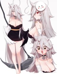  1girl absurdly_long_hair absurdres ahoge arms_behind_back backless_dress backless_outfit bandaged_arm bandages bandaid bandaid_on_shoulder bare_shoulders barefoot black_choker black_dress black_wings breasts brown_eyes choker cleavage closed_mouth collarbone dress embarrassed eyebrows_hidden_by_hair eyes_visible_through_hair facing_viewer feathered_wings feet grey_hair hair_between_eyes hair_over_one_eye hazel_eyes heart heart_ahoge heart_choker highres holding holding_scythe huge_ahoge indie_virtual_youtuber long_hair looking_at_viewer looking_to_the_side low_wings mask mask_on_head mouth_visible_through_hair multiple_views open_mouth pointy_ears red_eyes scythe short_dress sideboob sky_above_me sky_above_me_(vtuber) smile solo standing strapless strapless_dress very_long_hair virtual_youtuber white_background white_wings wings 
