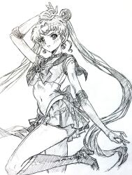  1girl absurdres bishoujo_senshi_sailor_moon boots bow bowtie breasts choker circlet covered_navel crescent crescent_earrings double_bun earrings elbow_gloves gloves greyscale hair_bun heart heart_choker high_heel_boots high_heels highres i4teruz jewelry knee_boots long_hair magical_girl miniskirt monochrome pleated_skirt sailor_collar sailor_moon sailor_senshi sailor_senshi_uniform sketch skirt solo standing standing_on_one_leg tsukino_usagi twintails 