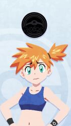  1girl 2snacks_(artist) :p animated asymmetrical_hair bare_shoulders bikini blue_bikini blush breasts closed_mouth coin crop_top eyelashes gen_1_pokemon green_eyes gym_leader hair_tie hand_on_own_hip highres holding legendary_pokemon looking_at_viewer midriff misty_(pokemon) navel nintendo orange_hair pokemon pokemon_frlg pokemon_tcg pokemon_tcg_pocket ponytail senyamai shirt short_hair shorts side_ponytail sleeveless smile solo sound swimsuit tank_top tongue tongue_out upper_body video wristband 