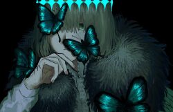  1473ex 1boy black_hair blue_eyes bug butterfly fate/grand_order fate_(series) fur_trim hair_between_eyes hair_over_one_eye highres insect looking_at_viewer oberon_(fate) oberon_(third_ascension)_(fate) short_hair solo 