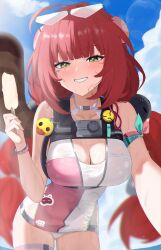  1girl 4kebidayo absurdres ahoge bare_shoulders bead_bracelet beads blue_sky blunt_bangs blush bracelet braided_twintails breasts cleavage cloud collarbone commentary_request day eyewear_on_head food green_eyes grey-tinted_eyewear hand_up highres holding holding_food holding_ice_cream ice_cream jewelry large_breasts leaning_forward lens_flare light_particles long_hair looking_at_viewer low_twintails official_alternate_costume one-piece_swimsuit open_mouth outdoors pink_one-piece_swimsuit red_hair sky smile solo standing sunlight swimsuit teeth thigh_strap thighs tinted_eyewear twintails two-tone_one-piece_swimsuit two-tone_swimsuit ukinami_yuzuha ukinami_yuzuha_(tanuki_in_broad_daylight) very_long_hair wet zenless_zone_zero 