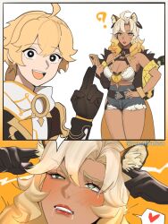  1boy 1girl 2koma ? aether_(genshin_impact) ahoge animal_ears black_eyes black_gloves blonde_hair breasts comic curtained_hair denim denim_shorts drooling finger_in_ear genshin_impact gloves green_eyes heart heart-shaped_pupils high-waist_shorts highres holding holding_phone long_hair looking_at_viewer nail_polish parted_bangs phone saliva shorts silent_comic smile symbol-shaped_pupils twitter_username uncommon_stimulation wavy_hair xilonen_(genshin_impact) yuushiba  rating:Sensitive score:37 user:gyberus