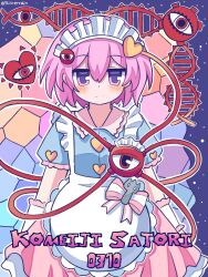  1girl adapted_costume alternate_costume apron blue_shirt bow buttons character_name closed_mouth commentary enmaided eyeball frilled_shirt_collar frilled_sleeves frills hair_ornament hairband heart heart_button heart_hair_ornament highres komeiji_satori looking_at_viewer maid maid_headdress pink_bow pink_eyes pink_hair pink_skirt satori_day shirt short_hair short_sleeves silverrain skirt solo third_eye touhou twitter_username waist_apron white_apron wrist_cuffs 