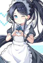  1girl ;) absurdly_long_hair absurdres apron aqua_background aqua_eyes aris_(blue_archive) aris_(maid)_(blue_archive) black_dress black_wrist_cuffs blue_archive blue_ribbon blush closed_mouth collared_dress commentary contrast_collar dress floating_hair frilled_apron frills hair_behind_ear hair_tie heart heart_hands high_ponytail highres long_hair long_sidelocks looking_at_viewer maid maid_apron maid_headdress mltsora neck_ribbon official_alternate_costume official_alternate_hairstyle one_eye_closed outline parted_bangs pixel_heart ponytail puffy_short_sleeves puffy_sleeves ribbon short_sleeves sidelocks simple_background smile solo sparkle split_mouth two-tone_background very_long_hair white_apron white_background white_headdress white_outline wrist_cuffs 